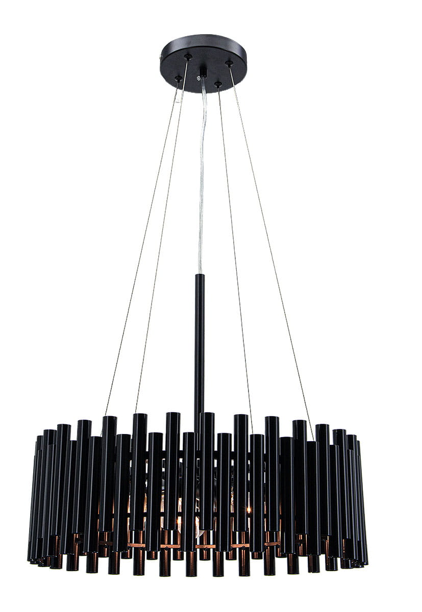 Lampa wisząca Narni z pięcioma oprawami E27, w czarnym kolorze. Konstrukcja z metalowych, cylindrycznych elementów w różnych wysokościach. Zawieszona na cienkich linkach, z okrągłym stropem, idealna do nowoczesnych wnętrz.