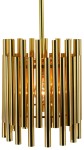 Lampa wisząca Narni 1xE27 w kolorze złotym, złożona z cylindrycznych elementów. Ujęcie frontalne, lampa zawieszona na cienkim przewodzie, z widoczną żarówką wewnątrz. Elementy metaliczne mają błyszczącą fakturę, tworząc nowoczesny design.