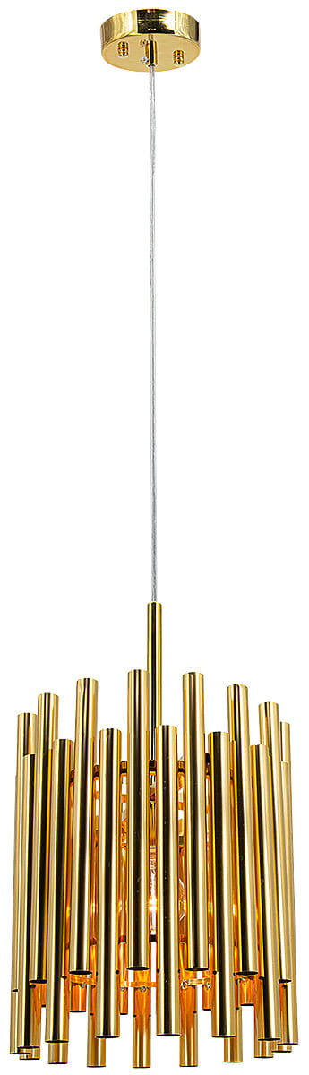 Lampa wisząca Narni 1xE27 w kolorze złotym, zbudowana z pionowych, cylindrycznych elementów. Powieszone na cienkim kablu, z okrągłym mocowaniem sufitowym. Stylowy design, idealna do nowoczesnych wnętrz.