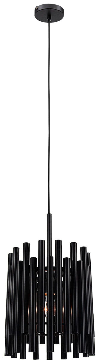 Lampa wisząca Narni 1xE27 w kolorze czarnym, złożona z pionowych, cylindrycznych elementów. Montowana na długim przewodzie, zawieszona pod sufitem, z widoczną żarówką w środku. Prosta konstrukcja, nowoczesny design.