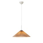 Lampa wisząca Plisado w kolorze białym i beżowym, z abażurem w kształcie stożka z plisowanej tkaniny. Sufitowy uchwyt w kolorze białym, zawieszenie na cienkim kablu. Otwór na żarówkę E27. Prosta, nowoczesna forma, idealna do wnętrz.