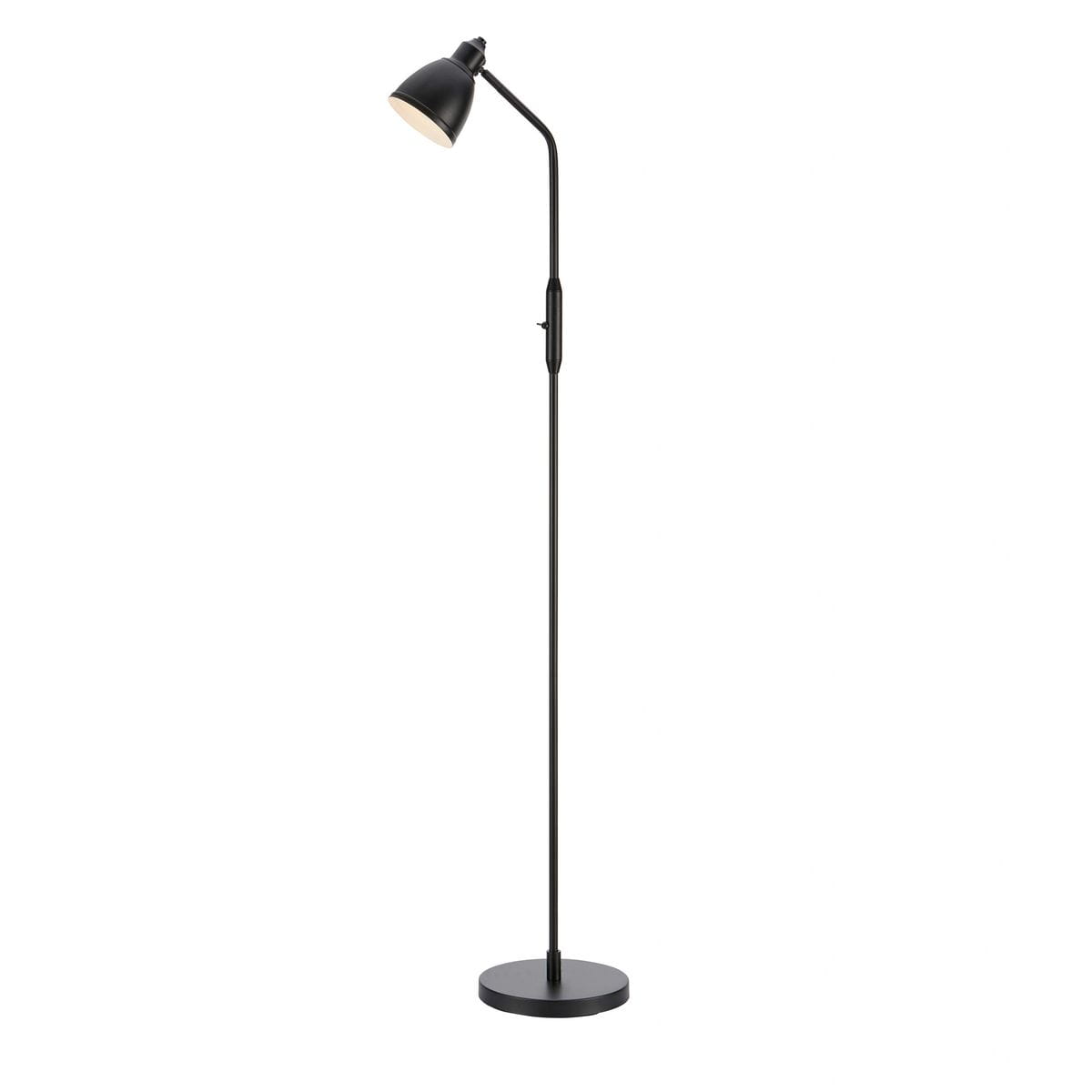 Lampa podłogowa Story w kolorze czarnym z pojedynczym gniazdem E14. Prosta, smukła konstrukcja z metalowym kloszem i regulowanym ramieniem, stojąca na okrągłej podstawie. Idealna do nowoczesnych wnętrz.