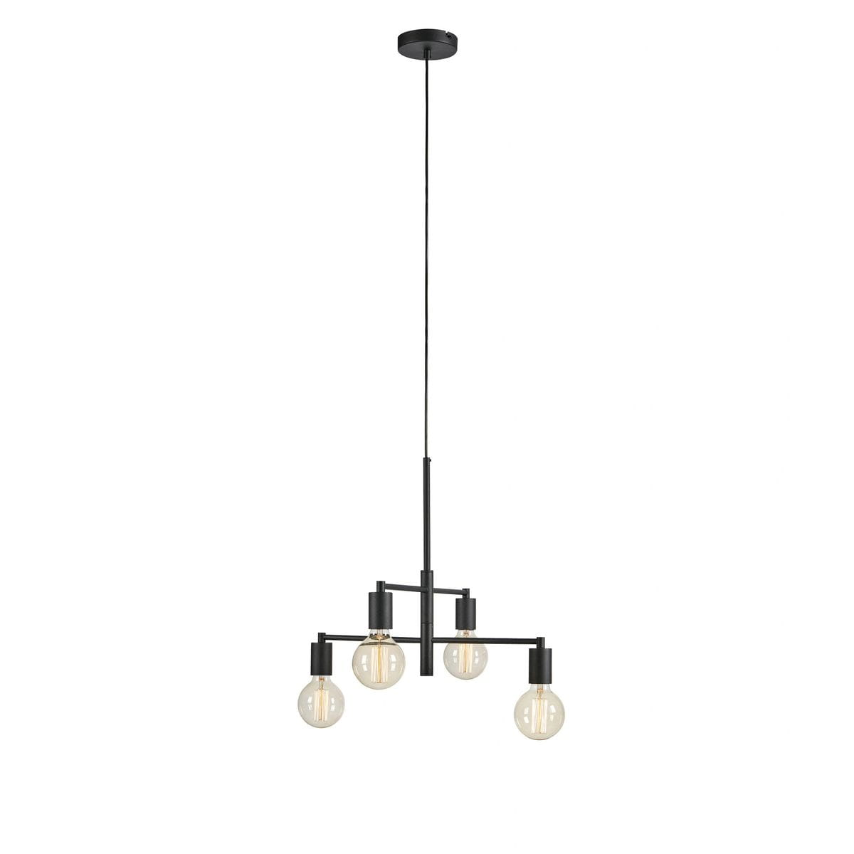 Lampa wisząca Cielo z czterema źródłami światła E27 w kolorze piaskowym i czarnym. Posiada prostą, metalową konstrukcję z okrągłym mocowaniem sufitowym i przezroczystymi kloszami w formie kul. Produkt zawieszony na cienkim kablu.