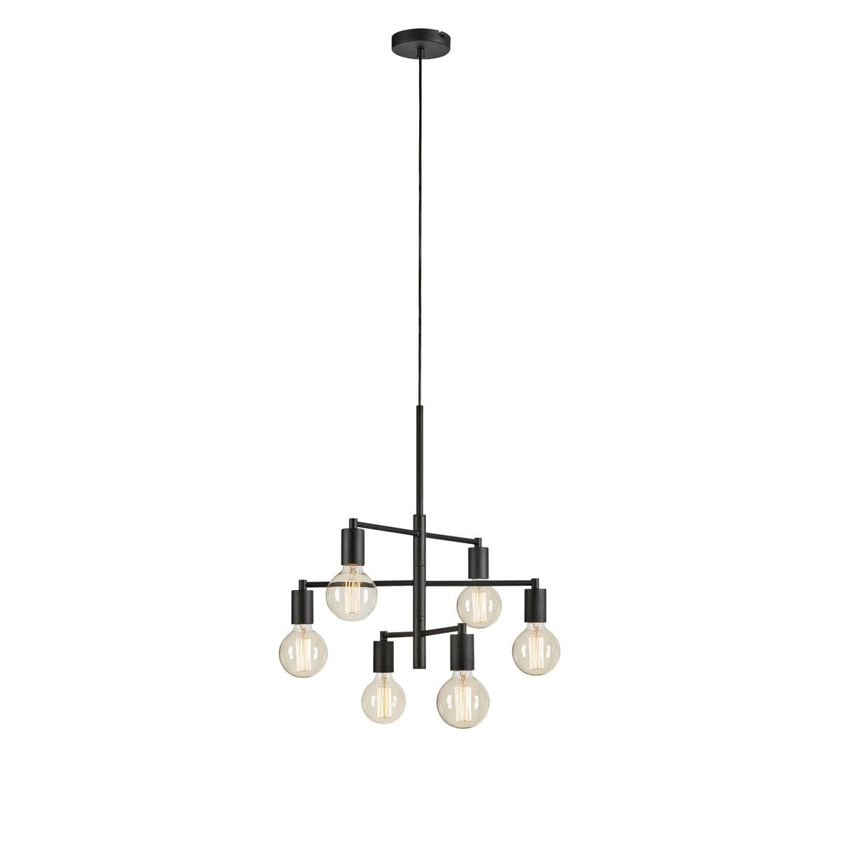 Lampa wisząca Cielo w kolorze piaskowym i czarnym, z sześcioma miejscami na żarówki E27. Konstrukcja metalowa, z poziomymi i pionowymi ramionami, zawieszona na cienkim przewodzie. Tło białe, minimalistyczne.
