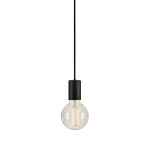 Lampa wisząca Cielo z oprawą w kolorze czarnym, zawieszona na długim przewodzie. Szklana kula z widoczną żarówką E27. Prosty, nowoczesny design, idealna do minimalistycznych wnętrz. Tło białe, podkreślające elegancję lampy.