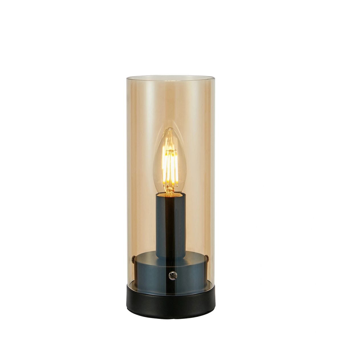 Lampa stołowa w kolorze czarnym i bursztynowym, z cylindrycznym kloszem. Zawiera źródło światła E14, umieszczone na metalowej podstawie. Widoczny przezroczysty klosz podkreśla elegancki kształt lampy. Ujęcie frontalne.