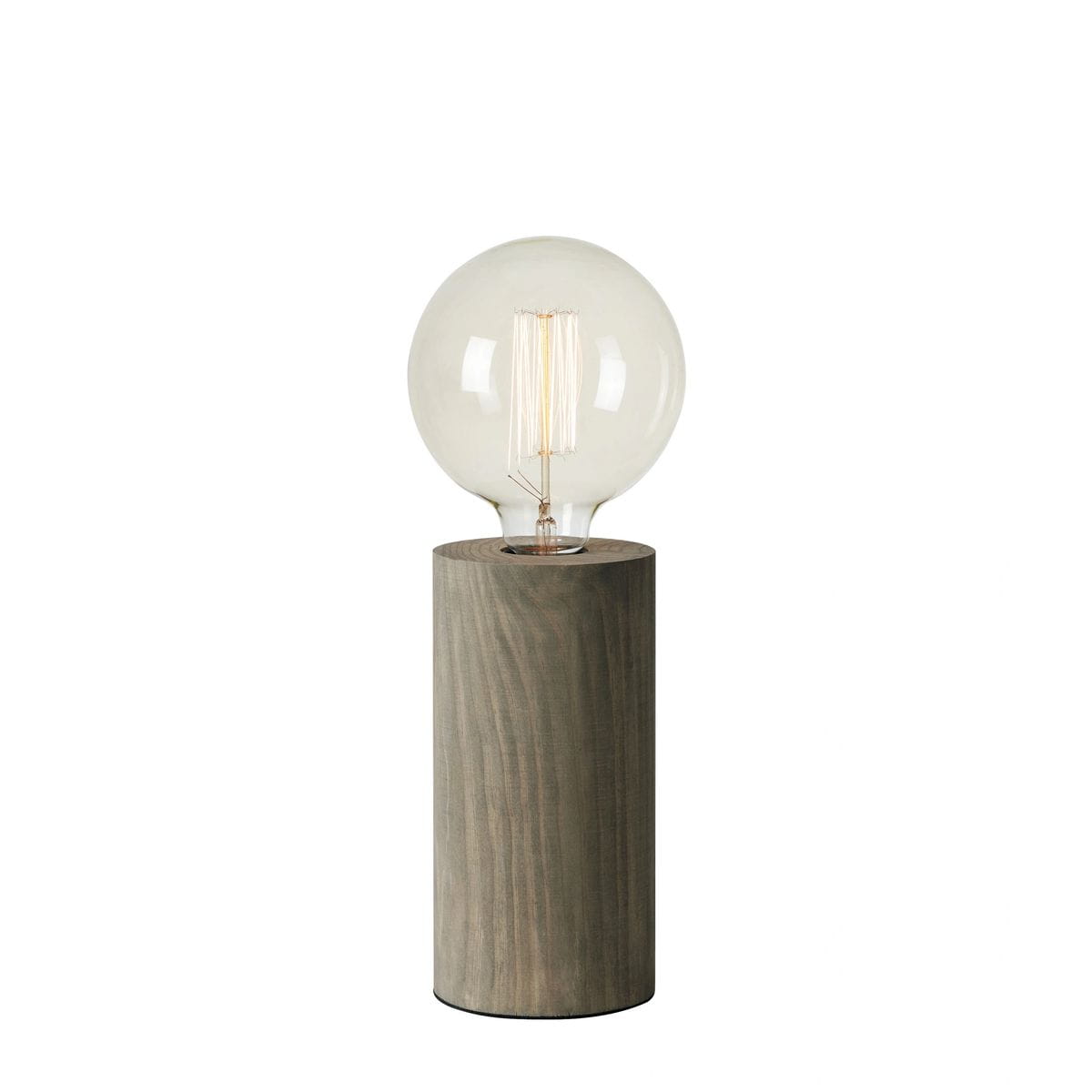 Lampa stołowa Legna z szarym, cylindrycznym podstawą z drewna i dużą, przezroczystą żarówką E27. Ujęcie frontalne, produkt ustawiony pionowo na białym tle. Widoczna struktura drewna i delikatne detale żarówki.