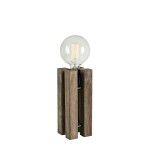 Brązowa lampa stołowa Lodge z miejscem na żarówkę E27. Produkt ma minimalistyczną, drewnianą podstawę w formie czterech pionowych desek oraz szklaną kulistą oprawę, ukazującą filamentową żarówkę. Ujęcie frontalne.