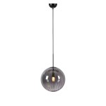 Lampa wisząca Fengari 1xE14 w kolorze czarnym z dymionym kloszem. Okrągły klosz z przezroczystego szkła, zawieszony na cienkim czarnym przewodzie. Widoczna żarówka wewnątrz, stylowy element oświetleniowy.