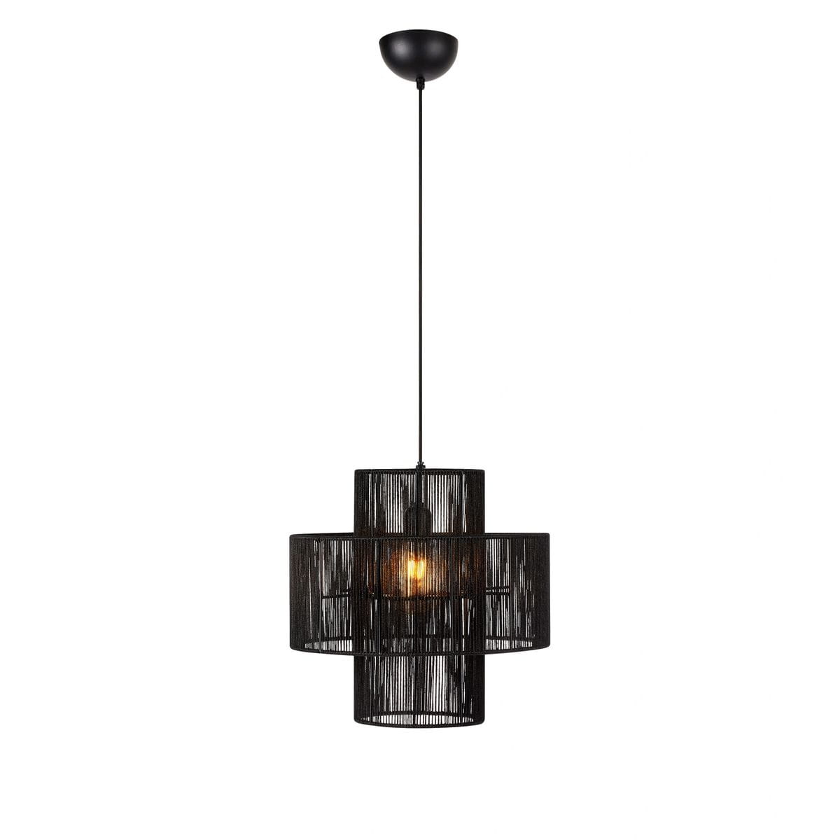 Lampa wisząca Soga 1xE27 w kolorze czarnym, zawieszona na cienkim przewodzie. Składa się z trzech cylindrycznych kloszy o teksturowanej powierzchni, z widoczną żarówką wewnątrz. Wykończenie metalowe w matowej czerni, minimalistyczny styl.