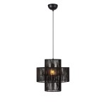 Lampa wisząca Soga 1xE27 w kolorze czarnym, zawieszona na cienkim przewodzie. Składa się z trzech cylindrycznych kloszy o teksturowanej powierzchni, z widoczną żarówką wewnątrz. Wykończenie metalowe w matowej czerni, minimalistyczny styl.