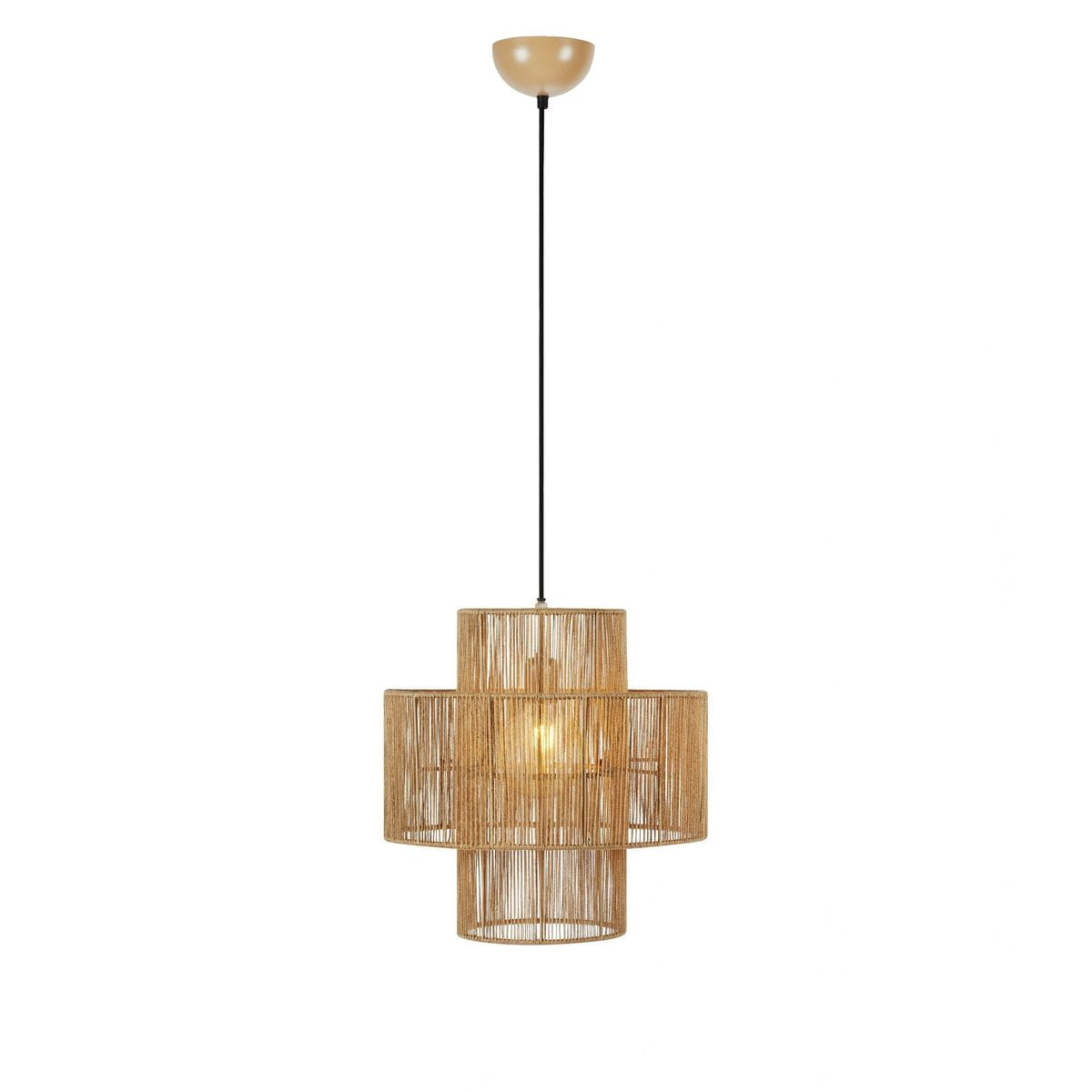 Lampa wisząca Soga z jedną oprawą E27, wykonana z naturalnych materiałów, w kształcie wielowarstwowego abażuru. Wisi na czarnym przewodzie, z metalowym mocowaniem w kolorze złotym. Przeznaczona do wnętrz, emitująca ciepłe światło.