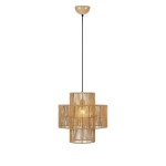 Lampa wisząca Soga z jedną oprawą E27, wykonana z naturalnych materiałów, w kształcie wielowarstwowego abażuru. Wisi na czarnym przewodzie, z metalowym mocowaniem w kolorze złotym. Przeznaczona do wnętrz, emitująca ciepłe światło.