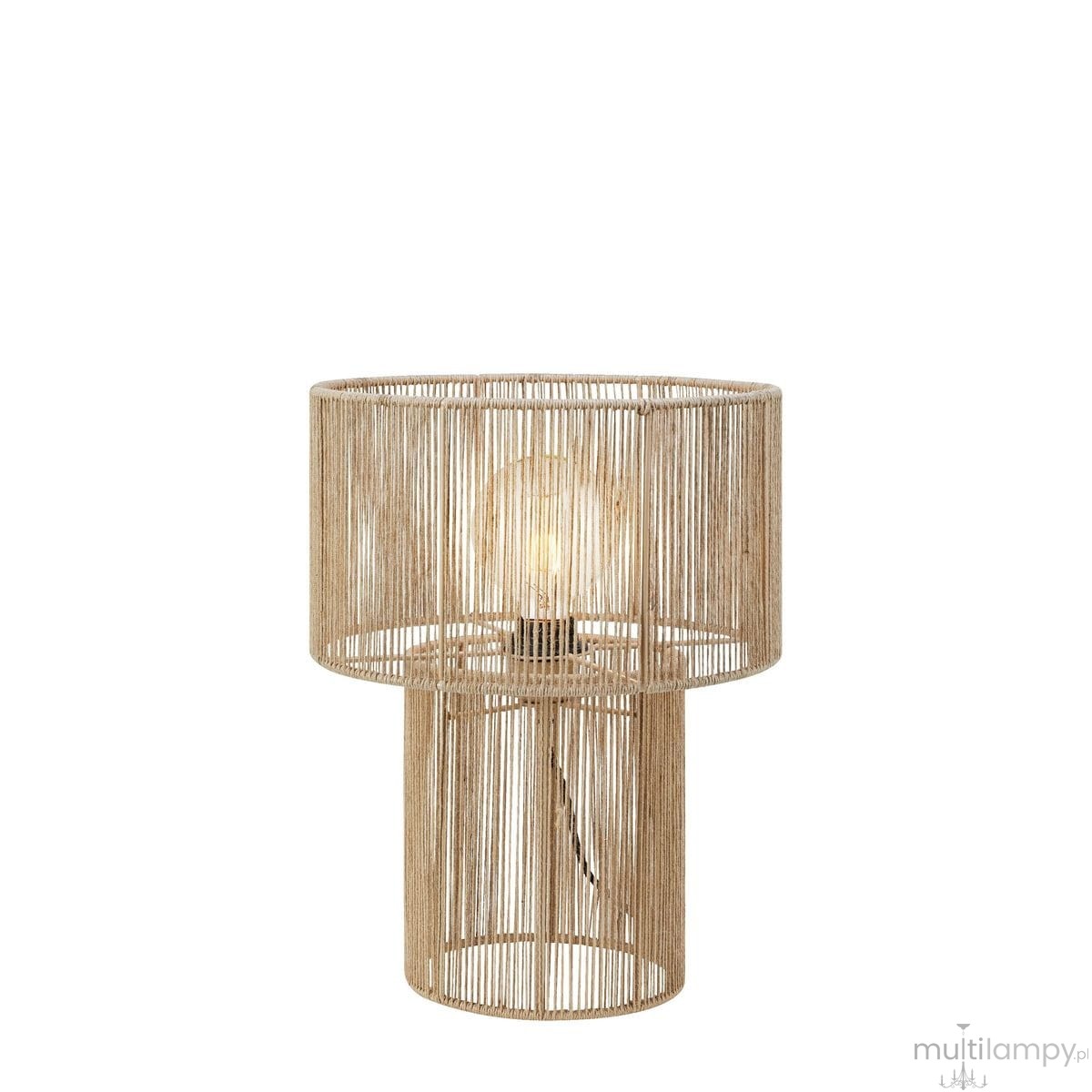 Lampa stołowa Soga 1xE27 w naturalnym kolorze, wykonana z cienkich prętów, z okrągłym kloszem i prostą podstawą. Widoczne źródło światła w środku. Ujęcie frontalne, na białym tle.