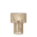 Lampa stołowa Soga 1xE27 w naturalnym kolorze, wykonana z cienkich prętów, z okrągłym kloszem i prostą podstawą. Widoczne źródło światła w środku. Ujęcie frontalne, na białym tle.