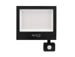 Naświetlacz LED halogen 100W z czujnikiem ruchu, oświetlenie w kolorze białym neutralnym, prostokątny kształt, z widoczną siatką diod LED. Produkt zamontowany na uchwycie, z czujnikiem ruchu umieszczonym z boku. IP65, odporny na warunki atmosferyczne.