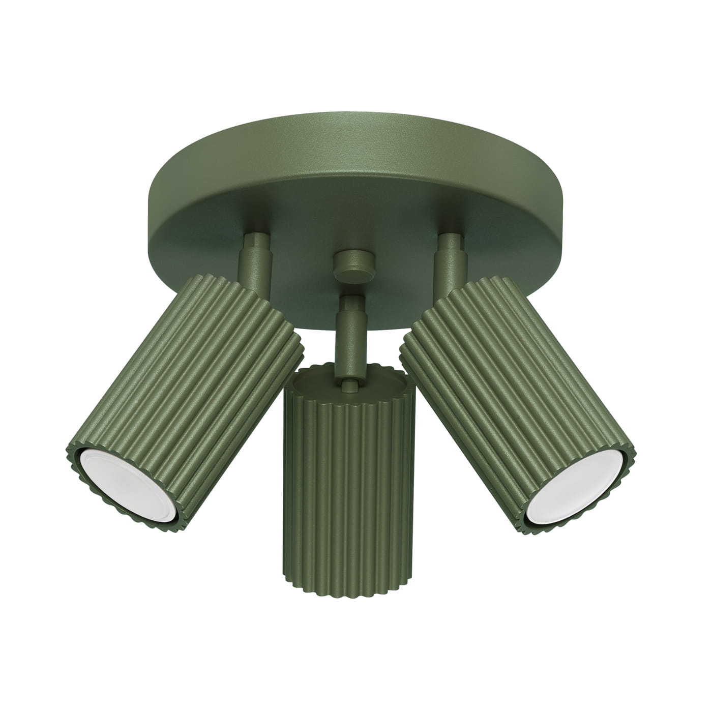 Lampa sufitowa Karbon koło w kolorze oliwkowym z trzema ruchomymi reflektorami GU10. Reflektory mają żebrowaną fakturę i okrągłe klosze. Ułożona w pozycji wiszącej, mocowana do sufitu. Idealna do oświetlenia wnętrz.