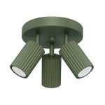 Lampa sufitowa Karbon koło w kolorze oliwkowym z trzema ruchomymi reflektorami GU10. Reflektory mają żebrowaną fakturę i okrągłe klosze. Ułożona w pozycji wiszącej, mocowana do sufitu. Idealna do oświetlenia wnętrz.