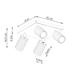 Lampa sufitowa Karbon L w kolorze oliwkowym z czterema reflektorami GU10. Ułożona na kwadratowej podstawie o wymiarach 25x25 cm, z trzema regulowanymi reflektorami o wysokości 10 cm i średnicy 6,5 cm, oferuje nowoczesne oświetlenie.