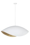 Lampa wisząca Sona w kolorze białym z złotym wnętrzem, z jednym gniazdem E27. Zawieszona na białym kablu, ma opływowy kształt z kontrastującą, teksturowaną złotą powierzchnią wewnętrzną. Idealna do nowoczesnych wnętrz.