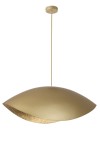 Lampa wisząca Sona z jedną oprawą E27, w kolorze złotym. Posiada opływowy kształt z matowym wykończeniem oraz dekoracyjną, błyszczącą krawędzią. Zawieszona na długim przewodzie, idealna do nowoczesnych wnętrz.