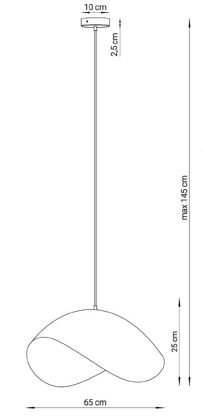 Lampa wisząca Sona w kolorze złotym, z oprawą na żarówkę E27. Posiada asymetryczny kształt, długość 65 cm i wysokość maksymalną 145 cm. Stelaż z metalowym mocowaniem, zawieszona na cienkim kablu.