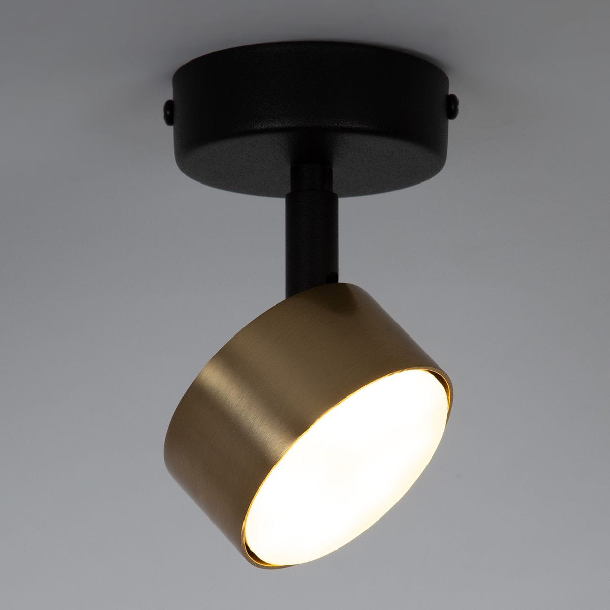 Czarna lampa sufitowa Nemo H15 z metalowym kloszem w kolorze złotym, montowana na stropie. Klosz ma okrągły kształt, skierowany w dół, z miejscem na żarówkę GX53. Prosty, nowoczesny design z wykończeniem w połysku.