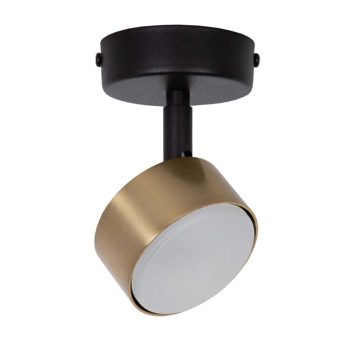 Czarna lampa sufitowa Nemo H15 z metalowym złotym kloszem, z montażem na suficie. Klosz w formie okrągłego spotu z białym szkłem, zamontowany na krótkim ramieniu. Prosta konstrukcja, minimalistyczny design, idealna do nowoczesnych wnętrz.