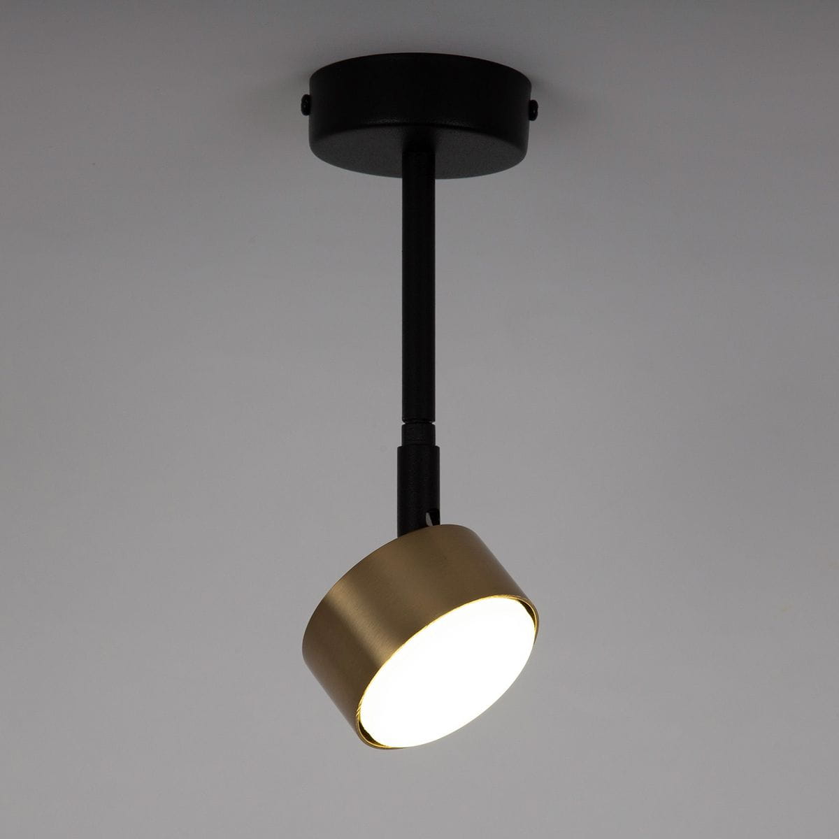 Lampa wisząca Nemo H24 w kolorze czarnym i złotym, z metalowym kloszem w kształcie cylindrycznym. Zawieszona na czarnym, prostym przewodzie, z widocznym źródłem światła GX53. Ujęcie z góry, na jednolitym tle.