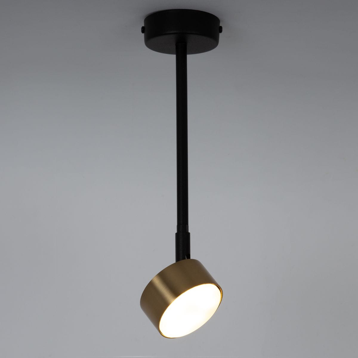 Lampa wisząca Nemo H35 z jedną oprawą GX53, w kolorze czarnym z metalowym złotym kloszem. Ujęcie z dołu, montowana na suficie, z prostym, nowoczesnym designem.