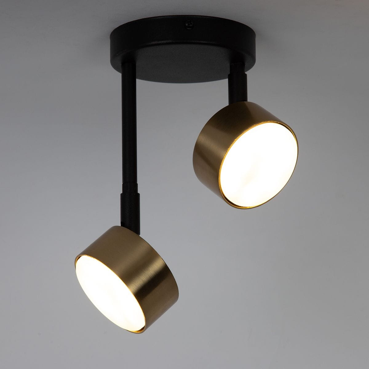 Lampa wisząca Nemo z dwoma źródłami światła GX53 w kolorze czarnym i złotym. Posiada okrągłe klosze z matowego metalu, zawieszone na prostych, czarnych rurkach. Montaż sufitowy, elegancki design, idealna do nowoczesnych wnętrz.
