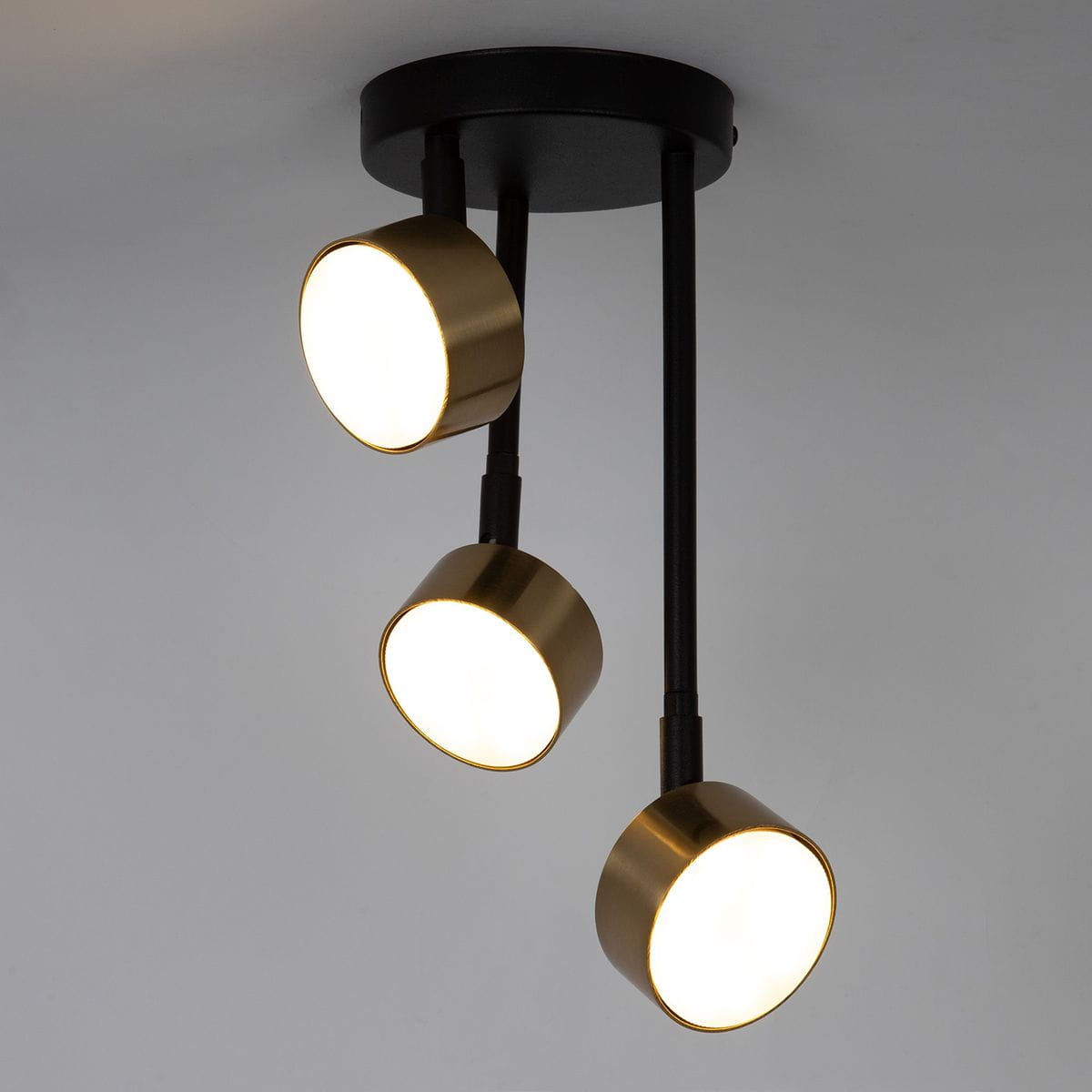 Lampa wisząca Nemo w kolorze czarnym z trzema złotymi szczotkowanymi kloszami, zawieszona na długich, czarnych rurkach. Klosze mają okrągły kształt i emitują jasne światło, montowane na okrągłej podstawie sufitowej.