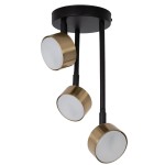 Lampa wisząca Nemo z trzema źródłami światła (GX53) w kolorze czarnym z elementami złotego szczotkowanego metalu. Ułożona na czarnej podstawie, z okrągłymi kloszami w złocie, zawieszona na trzech smukłych ramionach, w stylu nowoczesnym.
