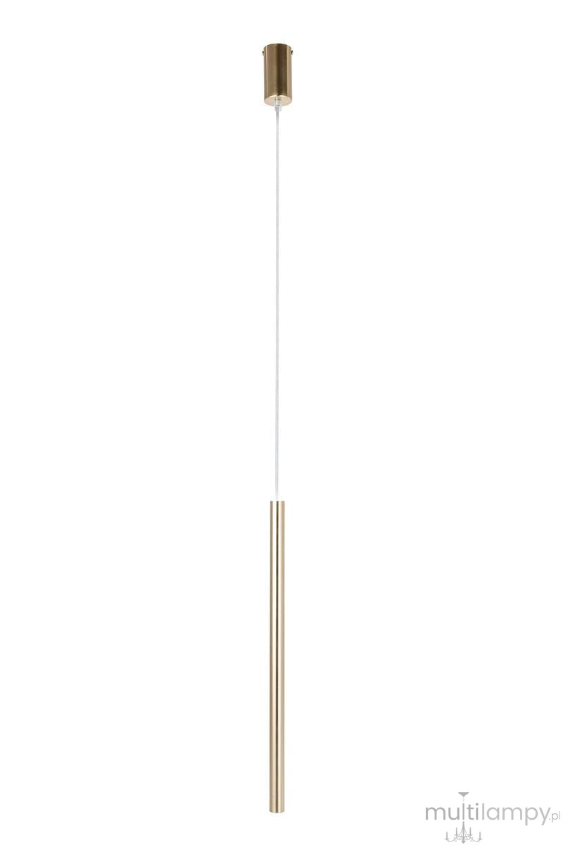 Lampa wisząca Sopel Premium H50 w kolorze złotym, z pojedynczym źródłem światła G9. Prosty, smukły kształt z metalowym wykończeniem. Zawieszona na cienkim, białym przewodzie. Idealna do nowoczesnych wnętrz.