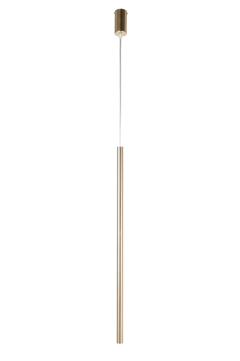 Lampa wisząca Sopel Premium H75 w kolorze złotym, z pojedynczym źródłem światła G9. Prosta, cylindryczna konstrukcja, zawieszona na cienkim przewodzie, z metalowym mocowaniem u góry. Idealna do nowoczesnych wnętrz.
