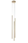 Lampa wisząca Sopel Premium H75 w kolorze złotym, z trzema cylindrycznymi abażurami, zawieszona na cienkich linkach. Ujęcie frontalne, na białym tle. Wymiary: różne długości abażurów. Przeznaczona do źródeł światła G9.