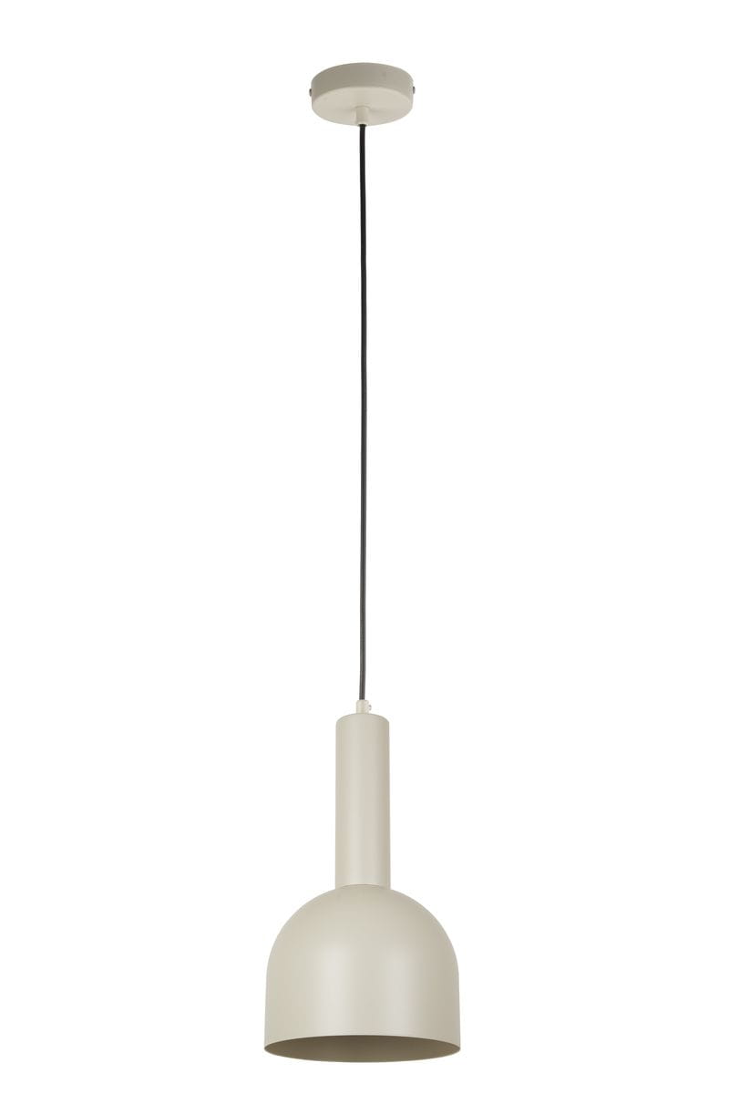 Lampa wisząca Vitrum Dzwonek D17 z jednolitą, szaro-beżową obudową, zawieszona na czarnym przewodzie. Cylindryczny klosz z okrągłym dnem, przymocowany do okrągłej podstawy sufitowej. Przeznaczona do żarówki E27.
