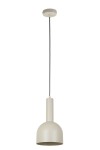 Lampa wisząca Vitrum Dzwonek D17 z jednolitą, szaro-beżową obudową, zawieszona na czarnym przewodzie. Cylindryczny klosz z okrągłym dnem, przymocowany do okrągłej podstawy sufitowej. Przeznaczona do żarówki E27.