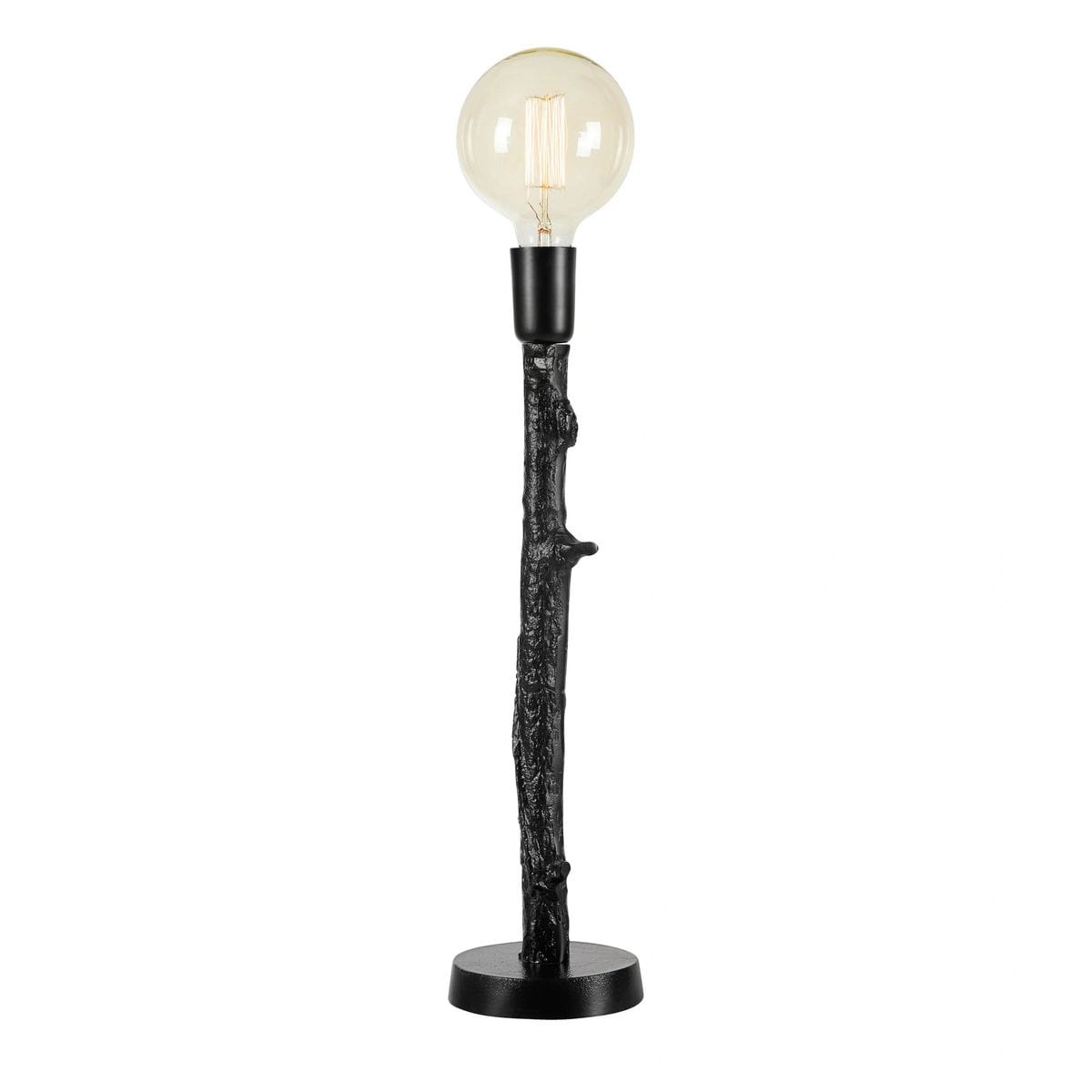 Lampa stołowa Ramo w kolorze czarnym z podstawą w kształcie gałęzi. Wyposażona w oprawę na żarówkę E27 oraz szklaną kulę. Ujęcie frontalne, produkt stoi na płaskiej powierzchni, podkreślając swój unikalny design.
