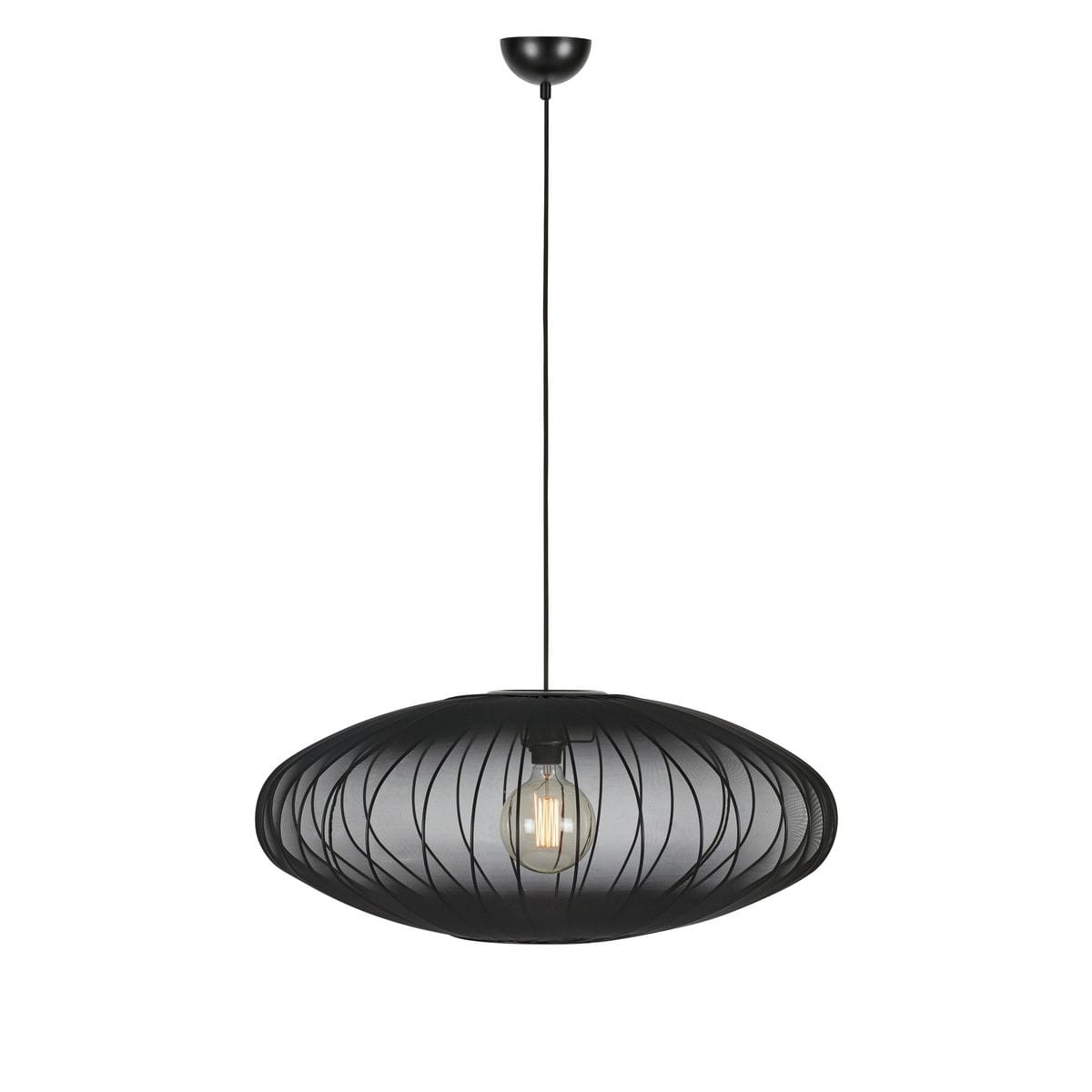 Lampa wisząca Florence D75 w kolorze czarnym z materiałowym kloszem w kształcie owalnym, z widoczną żarówką E27. Zawieszona na cienkim kabelku, montowana do sufitu. Idealna do nowoczesnych wnętrz.