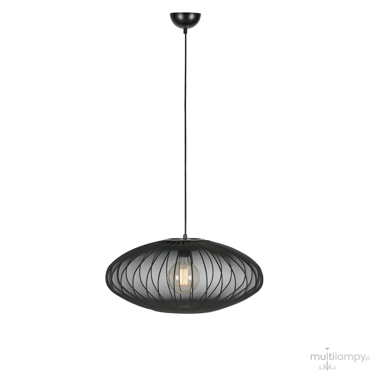 Lampa wisząca Florence D60 w kolorze czarnym z metalowym kloszem o owalnym kształcie z wycięciami. Zawieszona na cienkim przewodzie, z widoczną żarówką E27 w środku. Prosta konstrukcja w minimalistycznym stylu, idealna do nowoczesnych wnętrz.