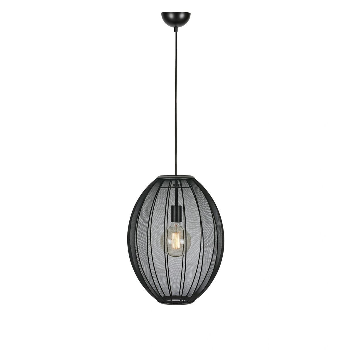 Lampa wisząca Florence D40 w kolorze czarnym z metalową, ażurową konstrukcją w kształcie owalnym. Posiada jedno gniazdo E27, zawieszona na długim przewodzie, montowana sufitowo. Widoczna żarówka w środku. Tło białe, co podkreśla elegancję lampy.