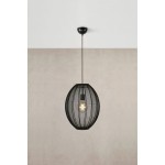 Lampa wisząca Florence D40 w kolorze czarnym, wykonana z metalowej siatki w kształcie owalnym. Zawieszona na cienkim przewodzie, z widoczną żarówką E27 wewnątrz. Tło w jasnym odcieniu betonu, lampa w centralnej części obrazu.