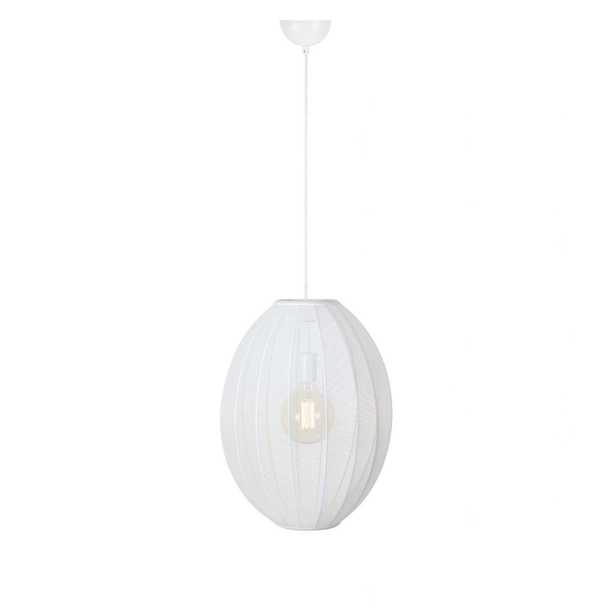 Lampa wisząca Florence D40 w kolorze białym, o owalnym kształcie z wyraźnymi żłobieniami. Zawieszona na cienkim, białym przewodzie, z widoczną żarówką E27 w środku. Prosta, elegancka konstrukcja, idealna do nowoczesnych wnętrz.