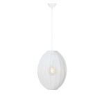 Lampa wisząca Florence D40 w kolorze białym, o owalnym kształcie z wyraźnymi żłobieniami. Zawieszona na cienkim, białym przewodzie, z widoczną żarówką E27 w środku. Prosta, elegancka konstrukcja, idealna do nowoczesnych wnętrz.