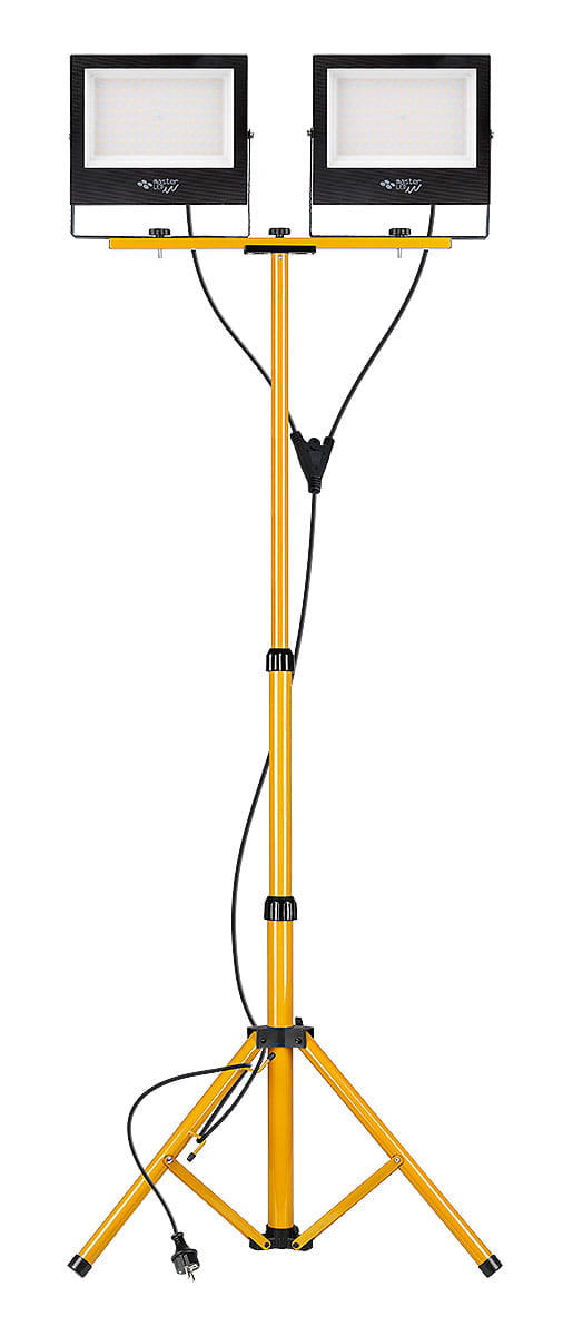 Naświetlacz LED przenośny na statywie z dwoma lampami, każda o mocy 100W, łącznej jasności 16000 lm. Korpus czarny z białym kloszem, statyw żółty, stabilny. Ujęcie frontalne, produkt stojący, widoczny kabel zasilający.