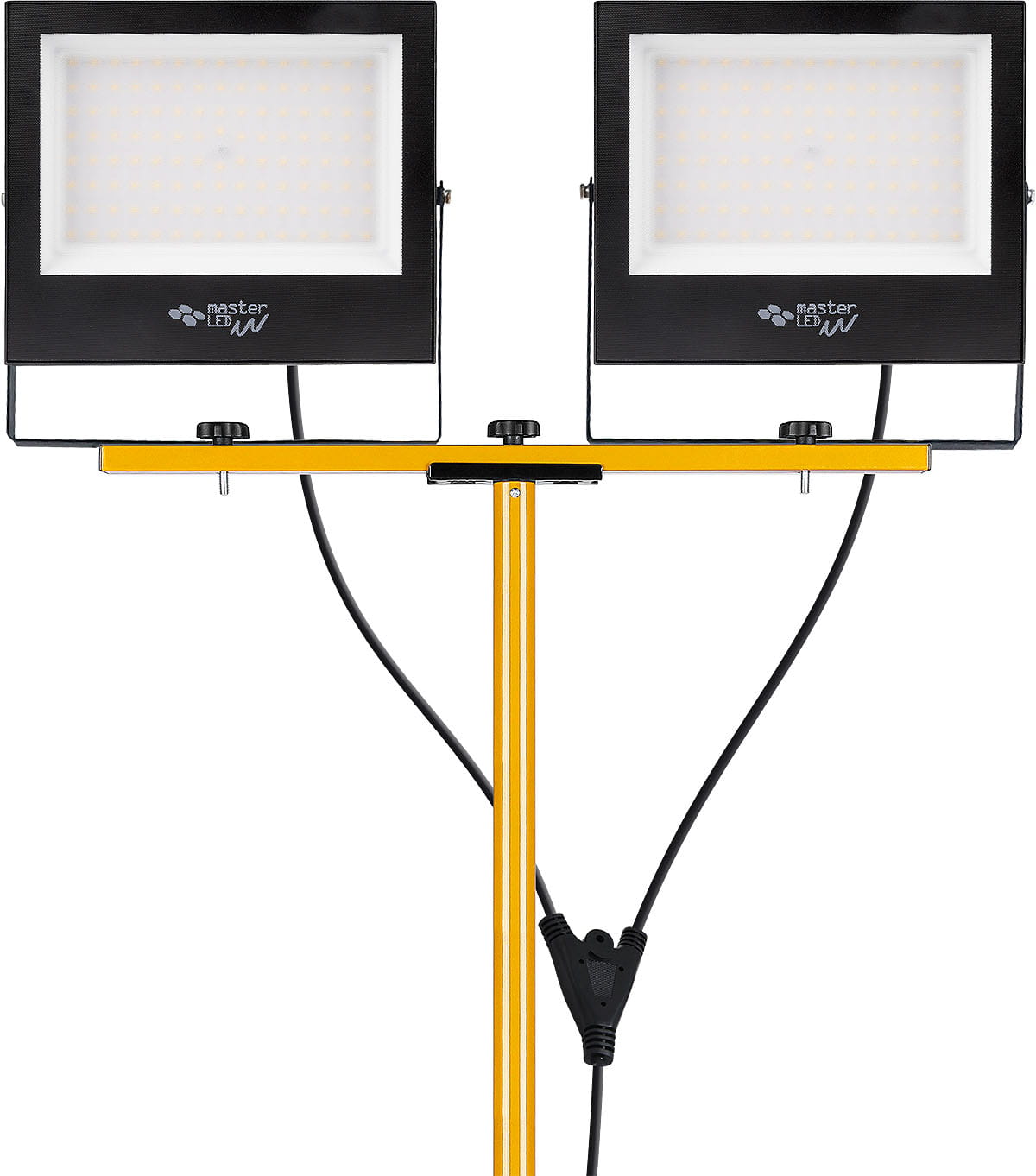 Naświetlacz LED przenośny na statywie z dwoma panelami, każdy o mocy 100W, łączna jasność 16000lm, temperatura barwowa 4500K. Ułożony pionowo, z czarnymi obudowami i żółtym statywem. Widoczny kabel zasilający. Wodoszczelność IP65.