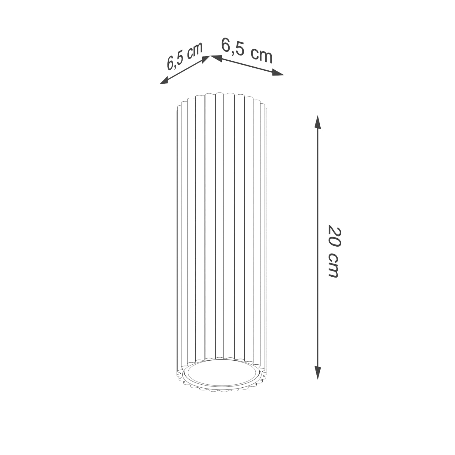 Lampa sufitowa Karbon 20 cm, cylindryczna, w kolorze ochra czerwona, z jednym gniazdem GU10. Wymiary: wysokość 20 cm, średnica 6,5 cm. Widoczna struktura w postaci pionowych żłobień na powierzchni.