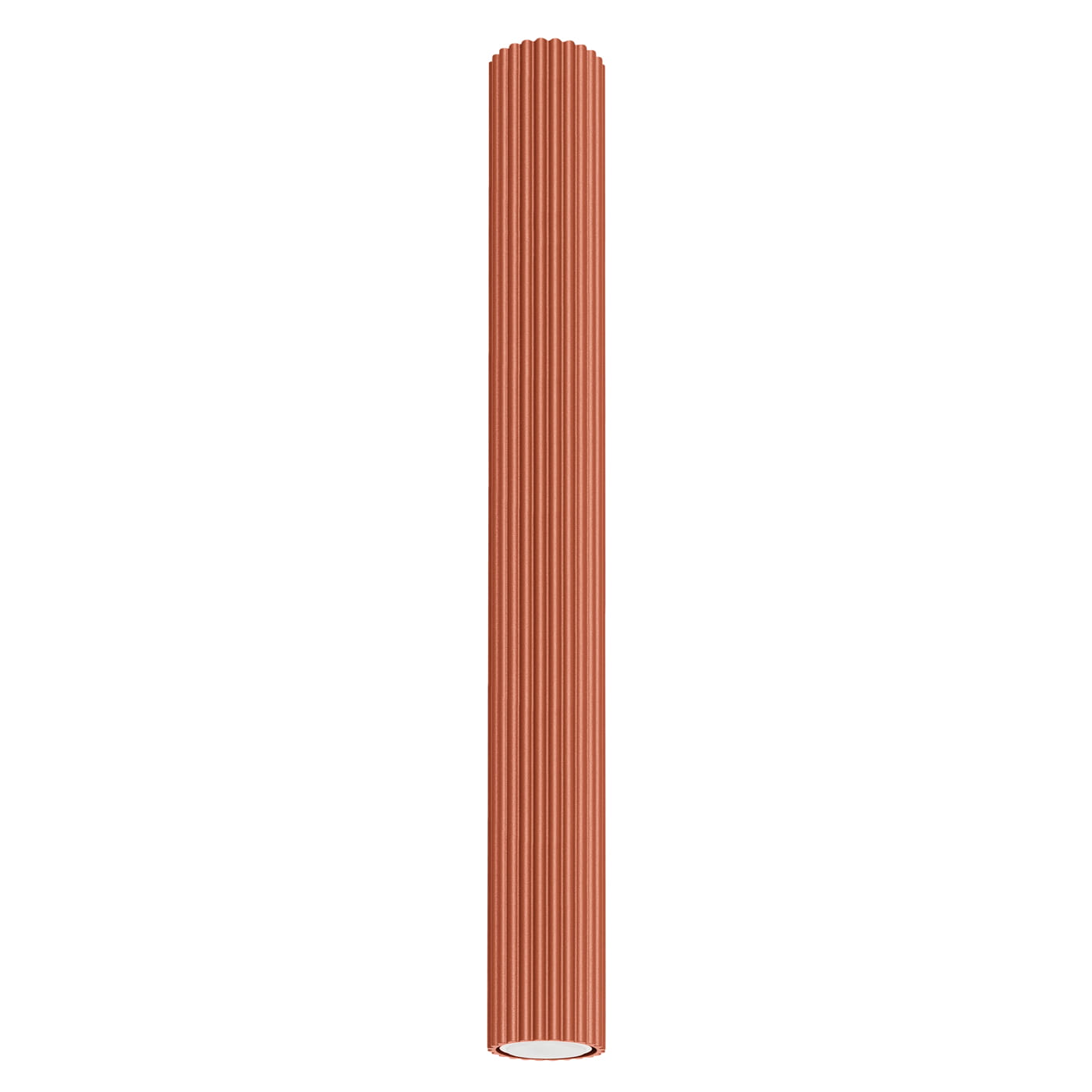 Lampa sufitowa Karbon 60 w kolorze ochra czerwona, wykonana z materiału o teksturowanej powierzchni. Posiada cylindryczny kształt i jest przeznaczona na jedną żarówkę GU10. Ujęcie frontalne, na białym tle.