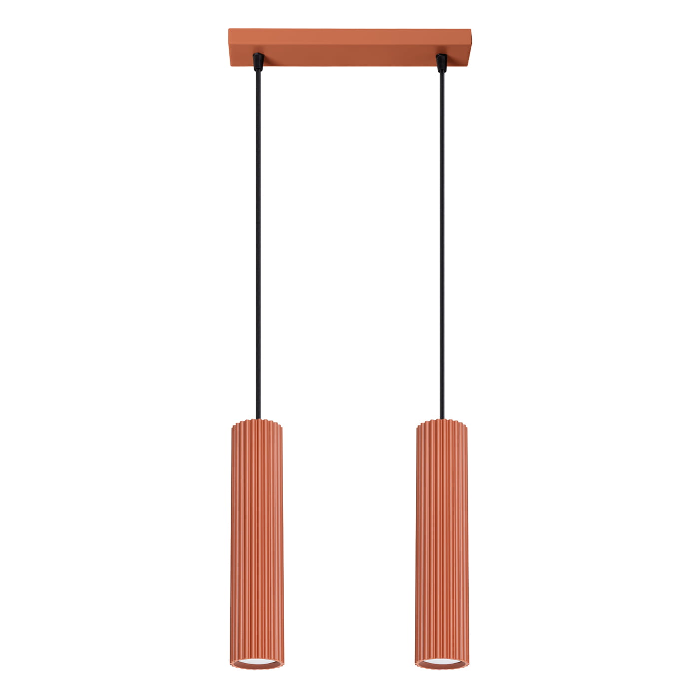 Lampa wisząca Karbon 2 z dwiema oprawami na żarówki GU10 w kolorze ochra czerwona. Posiada cylindryczne klosze z pionowymi żłobieniami, zawieszone na cienkich czarnych linkach. Montaż na prostokątnej podstawie w tym samym kolorze.